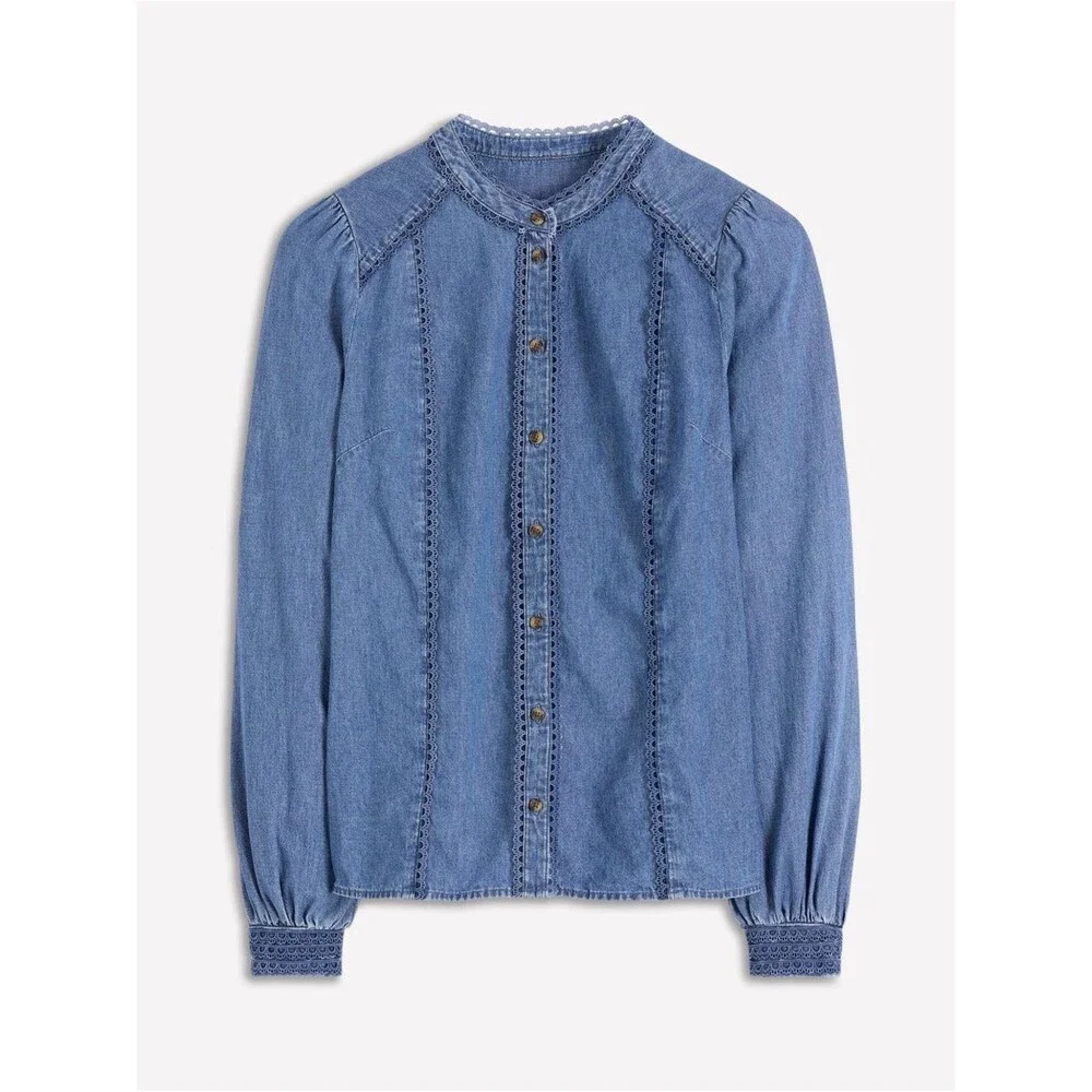 Boden Rhea Trim Insert Denim Button Up Top Blouse Light Vintage Sz 6